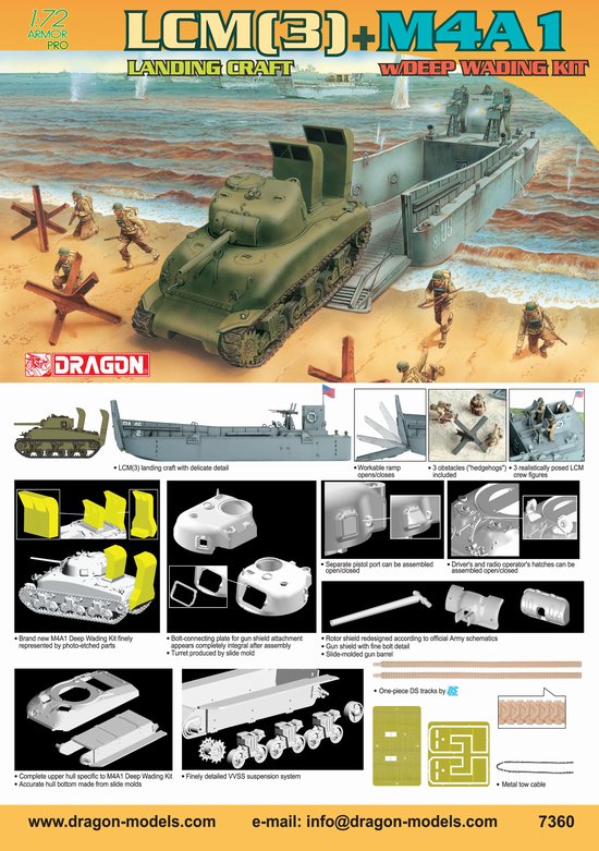 DRAGON 7360 1/72 WW II美國.陸戰隊 LCM-3登陸艇帶M4A1'雪曼'坦克